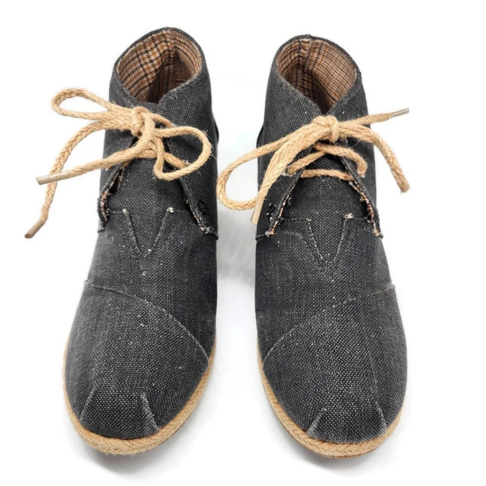 Corkys Sand Faded Black Sparkle Canvas Woven Jute Wedge Lace-Up Ankle Booties